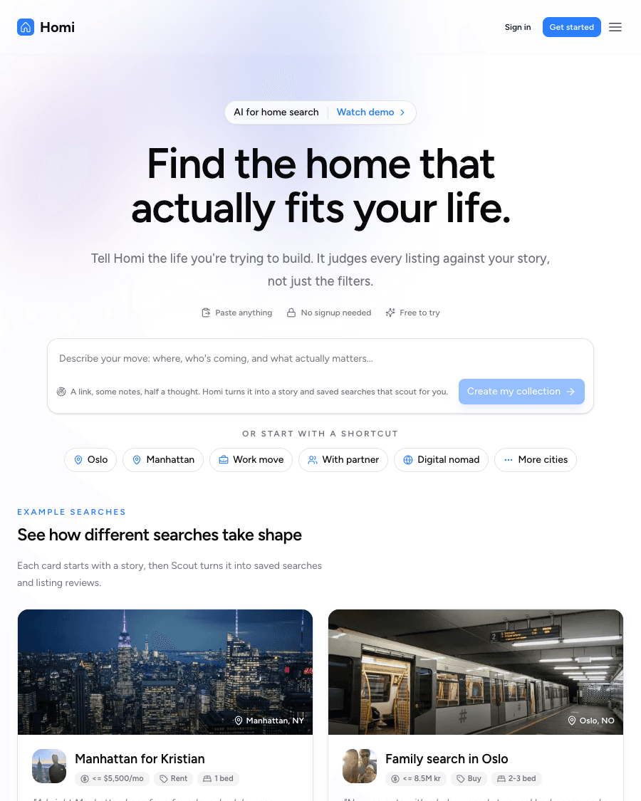 Homi homepage screenshot